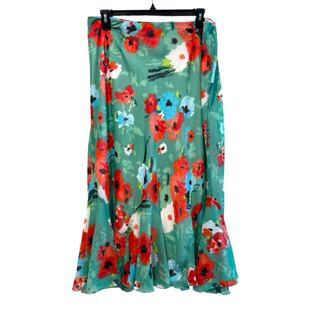 Cato Green Pull-on Maxi Skirt with Red Floral Poppys Ruffles Feminine Size 22/24